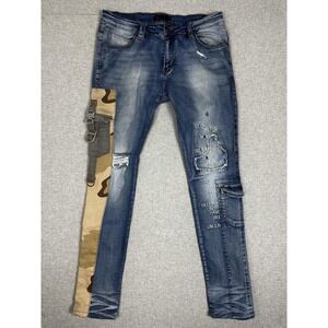 GALA Jean Men 36 Blue Camo Patchwork Panel Distressed Stretch Cargo Streetwear